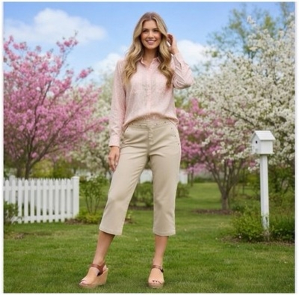 Hillard Hanson Womens Cropped Straight Leg Capri Pants 10 Tan Stretch NWT